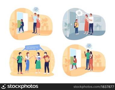 After pandemic returning to school 2D vector isolated illustration set. Parents and their kid flat characters on cartoon background. Tennager students at school hallway colourful scene pack. After pandemic returning to school 2D vector isolated illustration set