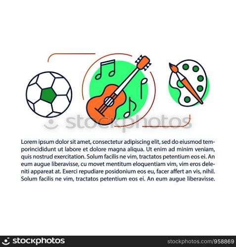 After school activity, hobby article page vector template. Brochure, magazine, booklet design element with linear icons and text boxes. Print design. Concept illustrations with text space