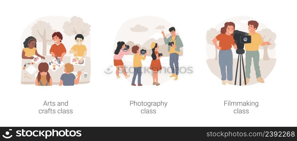 After school creativity development isolated cartoon vector illustration set. Arts and crafts class, photography and filmmaking PA day camp for children, education center activity vector cartoon.. After school creativity development isolated cartoon vector illustration set.