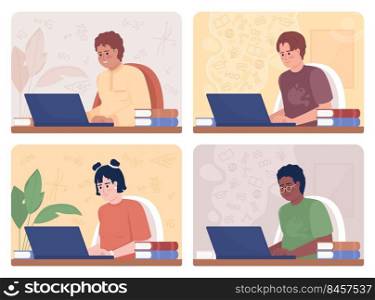 After-school education 2D vector isolated illustration set. Excited about math students flat characters on cartoon background. Colourful editable scene collection for mobile, website, presentation. After-school education 2D vector isolated illustration set