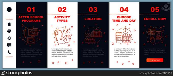 After school education onboarding mobile web pages vector template. After school learning center. Afterschool program. Responsive smartphone website interface. Webpage walkthrough step screens. After school education onboarding mobile web pages vector templa