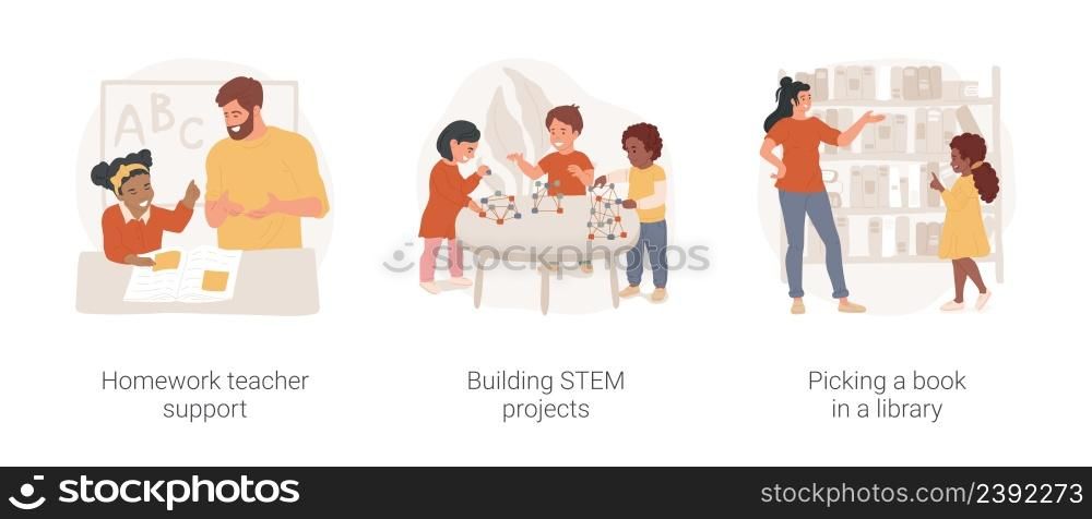 After school learning and enrichment activity isolated cartoon vector illustration set. Homework teacher support, building STEM projects, picking book in library, science for kids vector cartoon.. After school learning and enrichment activity isolated cartoon vector illustration set.