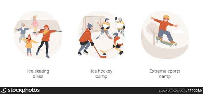After school sport activity isolated cartoon vector illustration set. Ice skating class, ice hockey camp, extreme sports day in summer camp for children, winter sport, skate park vector cartoon.. After school sport activity isolated cartoon vector illustration set.