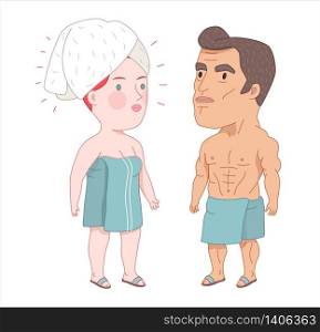 After shower, flat cartoon vector illustration, a man and a red hired woman both wrapped into the towels standing next to each other, a part of Dodo people collection. After shower, Dodo People collection