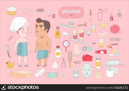 After shower, flat cartoon vector illustration, a standing man and a red hired woman both wrapped into the towels, surrounded by hygiene elements,on a pink background, a part of Dodo people collection. After shower bathroom set on pink background, Dodo People collec