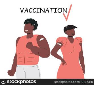 After vaccination concept vector. Coronavirus vaccine company for young people. Injection in shoulder was successfully. Multi races of human after getting vaccine. Man and woman were vaccinated. After vaccination concept vector. Coronavirus vaccine company for young people. Injection in shoulder was successfully.