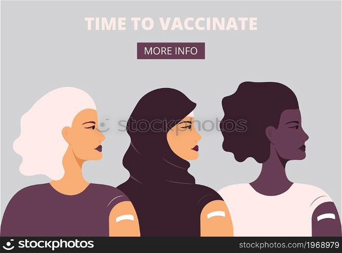 After vaccination concept vector. Coronavirus vaccine company. Injection in shoulder was successfully. Multi races of women after getting vaccine. Diverse group of humans are happy in clinic.. After vaccination concept vector. Coronavirus vaccine company. Injection in shoulder was successfully. Multi races of women after getting vaccine.