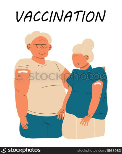 After vaccination concept vector. Coronavirus vaccine company. Injection in shoulder was successfully. Multi races of women and men after getting vaccine. Diverse group of humans are happy in clinic.. After vaccination concept vector. Coronavirus vaccine company. Injection in shoulder was successfully. Multi races of women and men after getting vaccine.