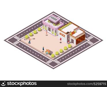 Afterhours Club Urban Composition. Isometric composition of city square bounded by carriageways with clubhouse jazz buildings garden beds and people vector illustration