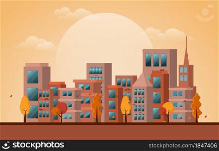 Afternoon Autumn Fall Season City Building Cityscape View Flat Design Illustration