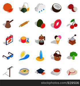 Afternoon snack icons set. Isometric set of 25 afternoon snack vector icons for web isolated on white background. Afternoon snack icons set, isometric style