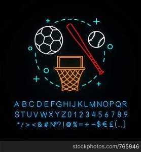 Afterschool activities neon light concept icon. Out of school idea. Kids leisure. Basketball, baseball, football. Outdoor recreation and sports. Glowing alphabet, numbers. Vector isolated illustration. Afterschool activities neon light concept icon