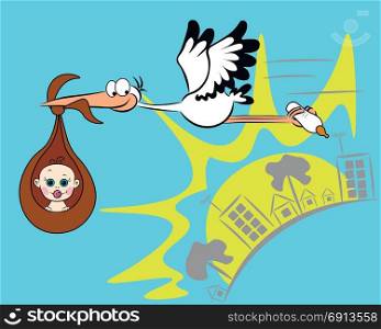 Against the backdrop of the city and the dawn of the sun, a stork with a baby is flying.