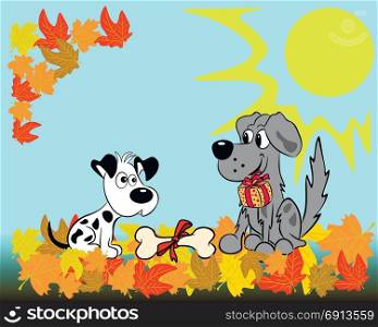 Against the background of the autumn landscape, one dog congratulates the other on his birthday giving a gift and a bone.