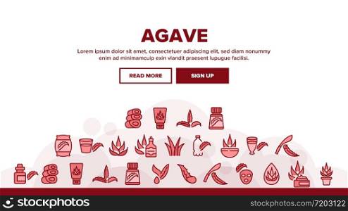 Agave Aloe Vera Plant Landing Web Page Header Banner Template Vector. Agave Natural Herb For Facial Mask Cosmetic And Cream, Drink Cup And Bottle Illustrations. Agave Aloe Vera Plant Landing Header Vector