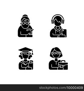 Age and gender differences black glyph icons set on white space. Female pensioner. Male teenager. Adulthood. Female student. Senile woman. Old-old age. Silhouette symbols. Vector isolated illustration. Age and gender differences black glyph icons set on white space