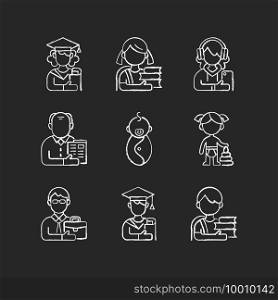 Age and gender differences chalk white icons set on black background. Female and male student. Schoolgirl and schoolboy. Senior citizen. Preschooler. Isolated vector chalkboard illustrations. Age and gender differences chalk white icons set on black background