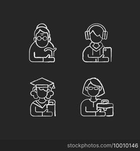 Age and gender differences chalk white icons set on black background. Female pensioner. Male teenager. Adulthood. Female student. Senile woman. Old-old age. Isolated vector chalkboard illustrations. Age and gender differences chalk white icons set on black background