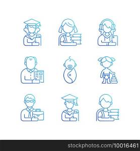 Age and gender differences gradient linear vector icons set. Female, male student. Schoolgirl, schoolboy. Thin line contour symbols bundle. Isolated vector outline illustrations collection. Age and gender differences gradient linear vector icons set