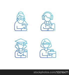 Age and gender differences gradient linear vector icons set. Female pensioner. Male teenager. Female student. Thin line contour symbols bundle. Isolated vector outline illustrations collection. Age and gender differences gradient linear vector icons set