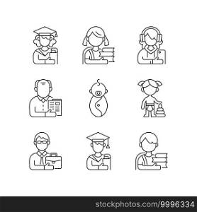 Age and gender differences linear icons set. Female and male student. Schoolgirl, schoolboy. Preschooler. Customizable thin line contour symbols. Isolated vector outline illustrations. Editable stroke. Age and gender differences linear icons set