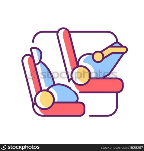 Age appropriate car safety seat RGB color icon. Child security in vehicle. Carseats and seat boosters for children. Kid safety precaution. Isolated vector illustration. Simple filled line drawing. Age appropriate car safety seat RGB color icon