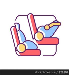 Age appropriate car safety seat RGB color icon. Child security in vehicle. Carseats and seat boosters for children. Kid safety precaution. Isolated vector illustration. Simple filled line drawing. Age appropriate car safety seat RGB color icon