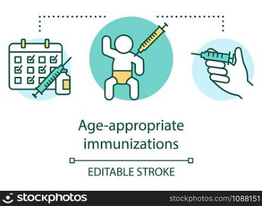 Age appropriate immunizations concept icon. Vaccination schedule idea thin line illustration. Child healthcare, syringe, calendar. Medication timing. Vector isolated outline drawing. Editable stroke
