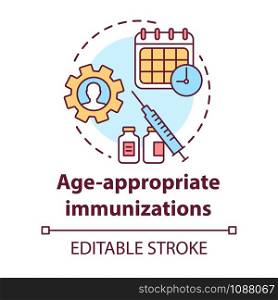 Age appropriate immunizations concept icon. Vaccination schedule idea thin line illustration. Healthcare, syringe, calendar. Medication timing. Vector isolated outline drawing. Editable stroke