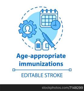 Age appropriate immunizations concept icon. Vaccination schedule idea thin line illustration. Healthcare, syringe, medicare. Medication timing. Vector isolated outline drawing. Editable stroke