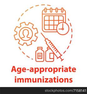 Age appropriate immunizations red gradient concept icon. Vaccination schedule idea thin line illustration. Healthcare, syringe, calendar. Medication timing. Vector isolated outline drawing