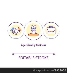 Age friendly business concept icon. Provide provide customer service experience. Services that meet all needs idea thin line illustration. Vector isolated outline RGB color drawing. Editable stroke. Age friendly business concept icon