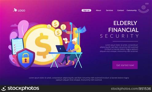 Age pension, money savings. Online banking account protection. Elderly financial security, elderly poverty problem, seniors budget planning concept. Website homepage landing web page template.. Elderly financial security concept landing page