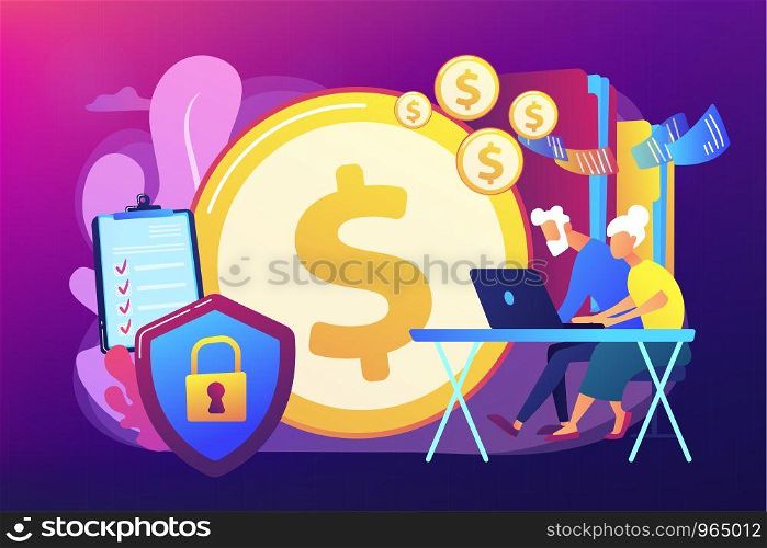 Age pension, money savings. Online banking account protection. Elderly financial security, elderly poverty problem, seniors budget planning concept. Bright vibrant violet vector isolated illustration. Elderly financial security concept vector illustration
