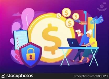Age pension, money savings. Online banking account protection. Elderly financial security, elderly poverty problem, seniors budget planning concept. Bright vibrant violet vector isolated illustration. Elderly financial security concept vector illustration