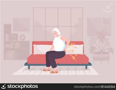 Age related osteoarthritis flat color vector illustration. Elderly woman suffering from lower back pain. Health condition. Fully editable 2D simple cartoon character with cozy interior on background. Age related osteoarthritis flat color vector illustration