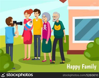 Aged Elderly People Flat Composition. Colored aged elderly people flat composition with happy family headline and full big family come together vector illustration