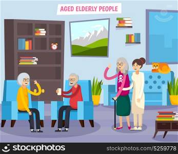 Aged Elderly People Orthogonal Composition. Colored flat aged elderly people orthogonal composition with group of people gathered together vector illustration