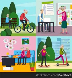 Aged Elderly People Orthogonal Composition Set. Four square aged elderly people orthogonal composition set with old people spend their free time vector illustration