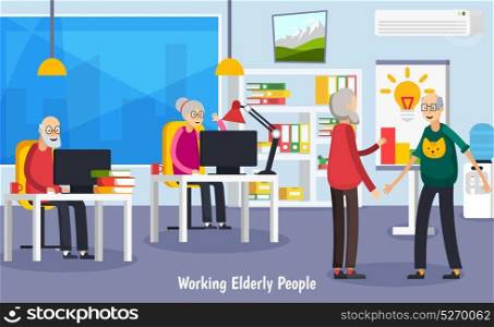 Aged Elderly People Orthogonal Concept . Colored and flat aged elderly people orthogonal concept with working old people at office vector illustration