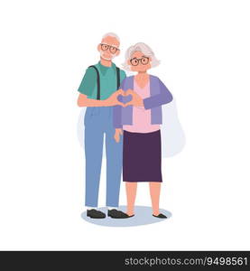 Aged Happiness and Love concept. Cute Happy Elderly Couple Making Heart Shape Hand Gesture. Flat vector cartoon illustration