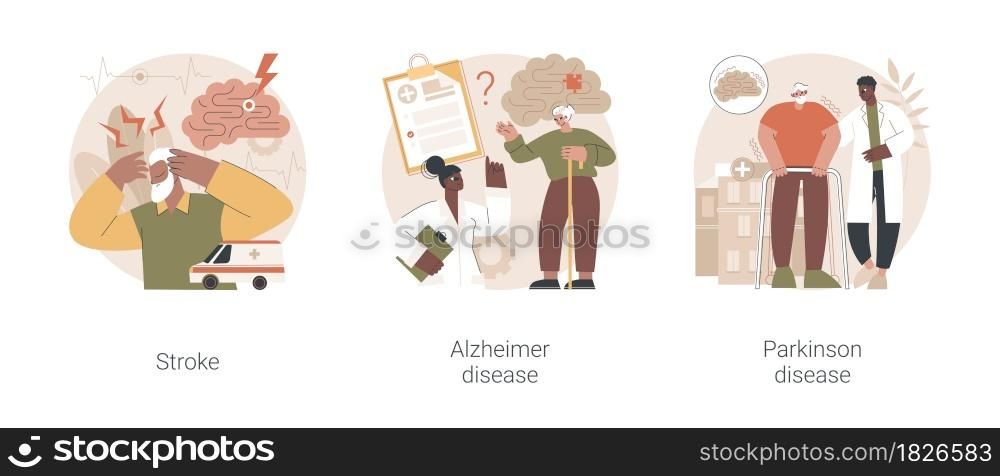 Aged people illness abstract concept vector illustration set. Stroke, Alzheimer and Parkinson disease, memory loss, tremor, amnesia diagnosis, dementia, medical emergency abstract metaphor.. Aged people illness abstract concept vector illustrations.