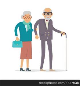 Aged People Walk Isolated. Happy Senior Man Woman. Aged people walking isolated on white. Happy senior man and woman together. Middle aged couple. Older man and woman having fun together. Senility old aged senium in flat design. Vector illustration