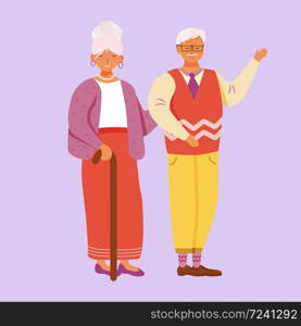 Aged smiling man and woman flat vector illustration. Welcoming grandparents. Cheerful grandpa, grandma. Happy senior couple standing together isolated cartoon character on violet background