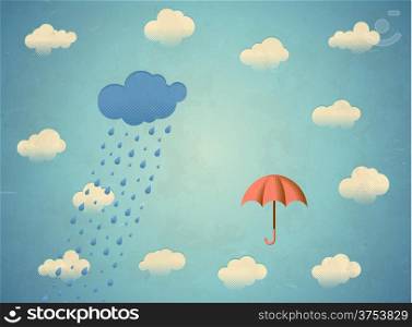Aged vintage card with rainy cloud and umbrella