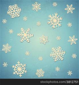 Aged winter card with various falling snowflakes
