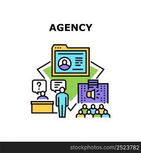 Agency Recruitment Vector Icon Concept. Agency Recruitment Business For Searching Employee For Company. Candidate Researching Cv And Interview. Recruiter Occupation Color Illustration. Agency Recruitment Vector Concept Illustration