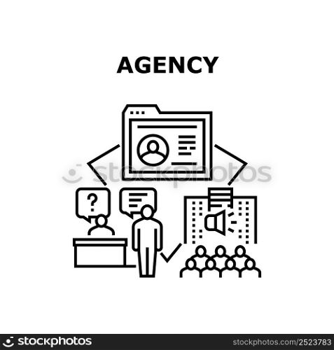 Agency Recruitment Vector Icon Concept. Agency Recruitment Business For Searching Employee For Company. Candidate Researching Cv And Interview. Recruiter Occupation Black Illustration. Agency Recruitment Vector Concept Illustration