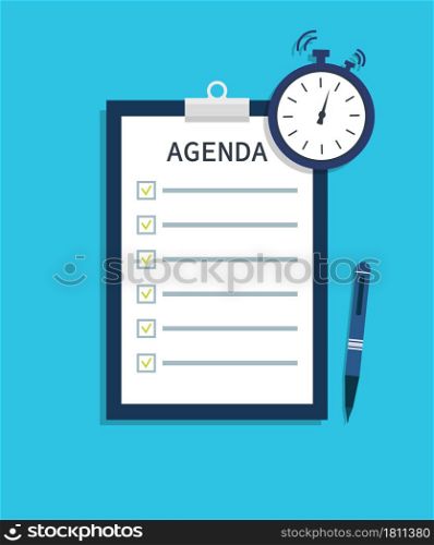 Agenda for meeting. List of event with remind. Flat template of schedule with time for business plan. Summary in school. Important document with program on board. Presentation with memo. Vector.. Agenda for meeting. List of event with remind. Flat template of schedule with time for business plan. Summary in school. Important document with program on board. Presentation with memo. Vector