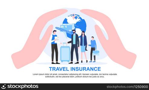 Agent with Paper Family Child with Luggage Cupped Hand Protect Vector Illustration. Travel Insurance Service Safe Vacation Tourist Protection Accident Support Passenger Care Airplane Trip Safety. Agent and Family with Luggage Cupped Hand Protect